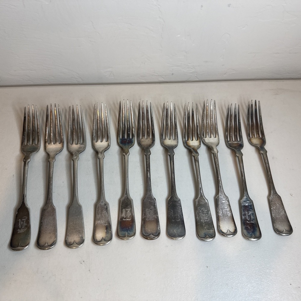 11pc Wright Kay & Co Detroit Silverplate Forks Lot Fiddle Shell Monogram Vintage
